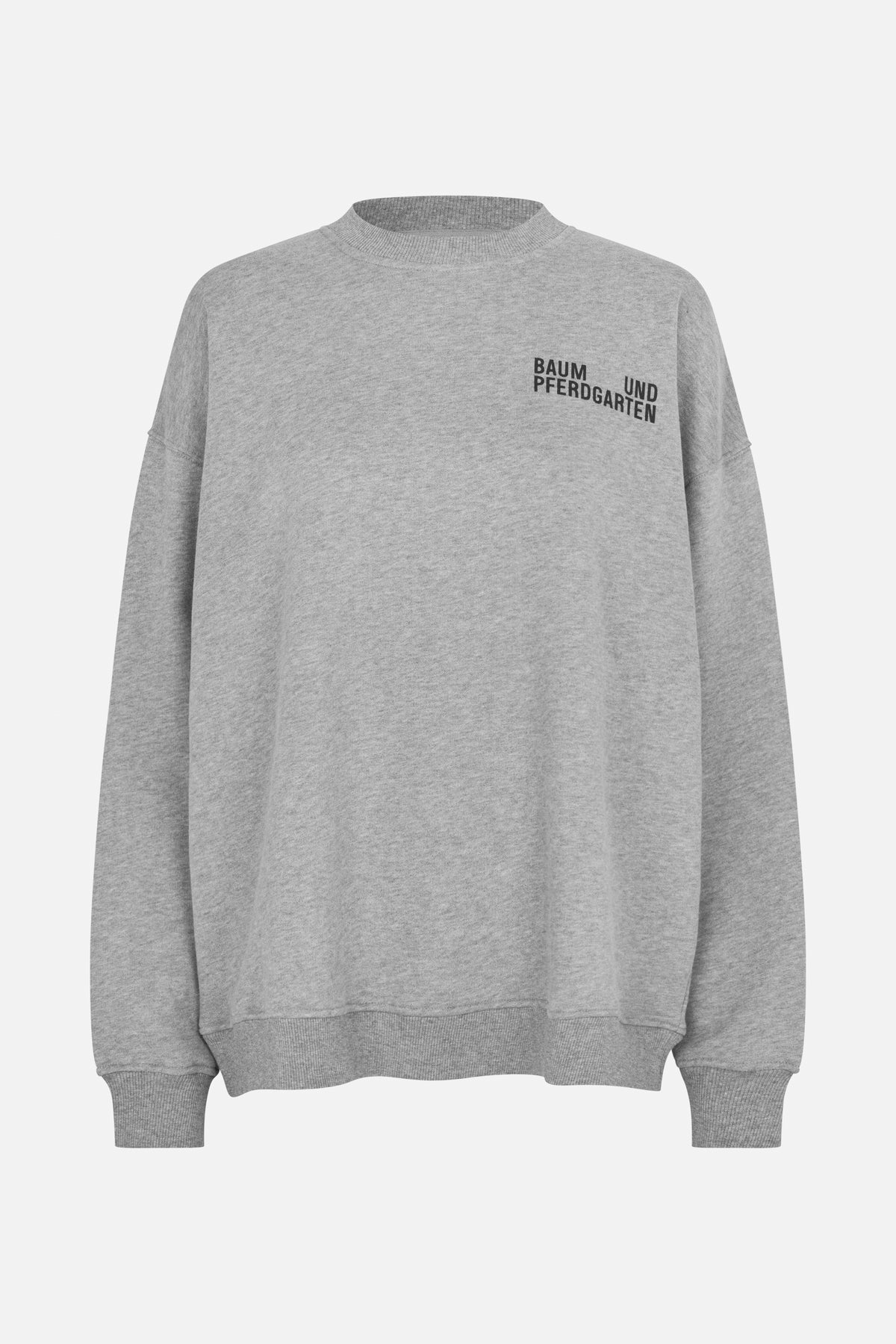 Front view of a light grey crew-neck sweatshirt with ribbed cuffs and hem and a black Baum und Pferdgarten chest logo.