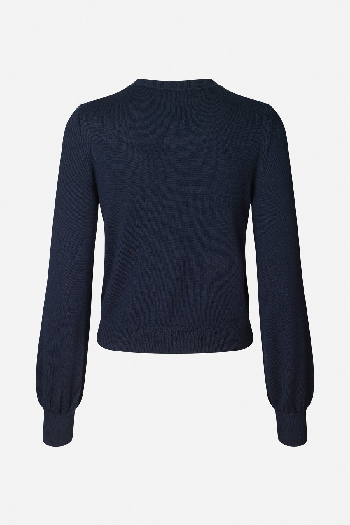 Back view of a plain navy knitted sweater with long sleeves, ribbed cuffs, hem and neckline