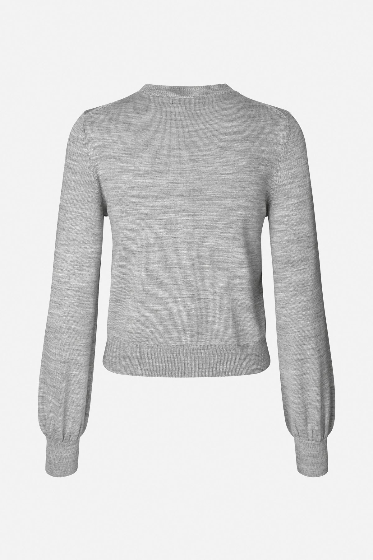 Back view of a light grey heathered knit sweater with long sleeves and ribbed neckline, cuffs and hem.