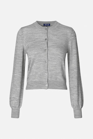 Front view of a light grey knitted cardigan with a round neck, button fastening, long sleeves and ribbed cuffs and hem.