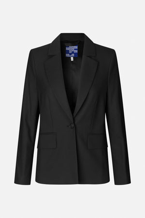 Front view of a black tailored blazer with notched lapels, a single-button closure and two flap pockets.