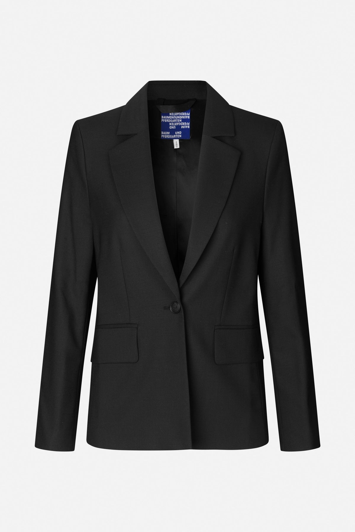 Front view of a black tailored blazer with notched lapels, a single-button closure and two flap pockets.