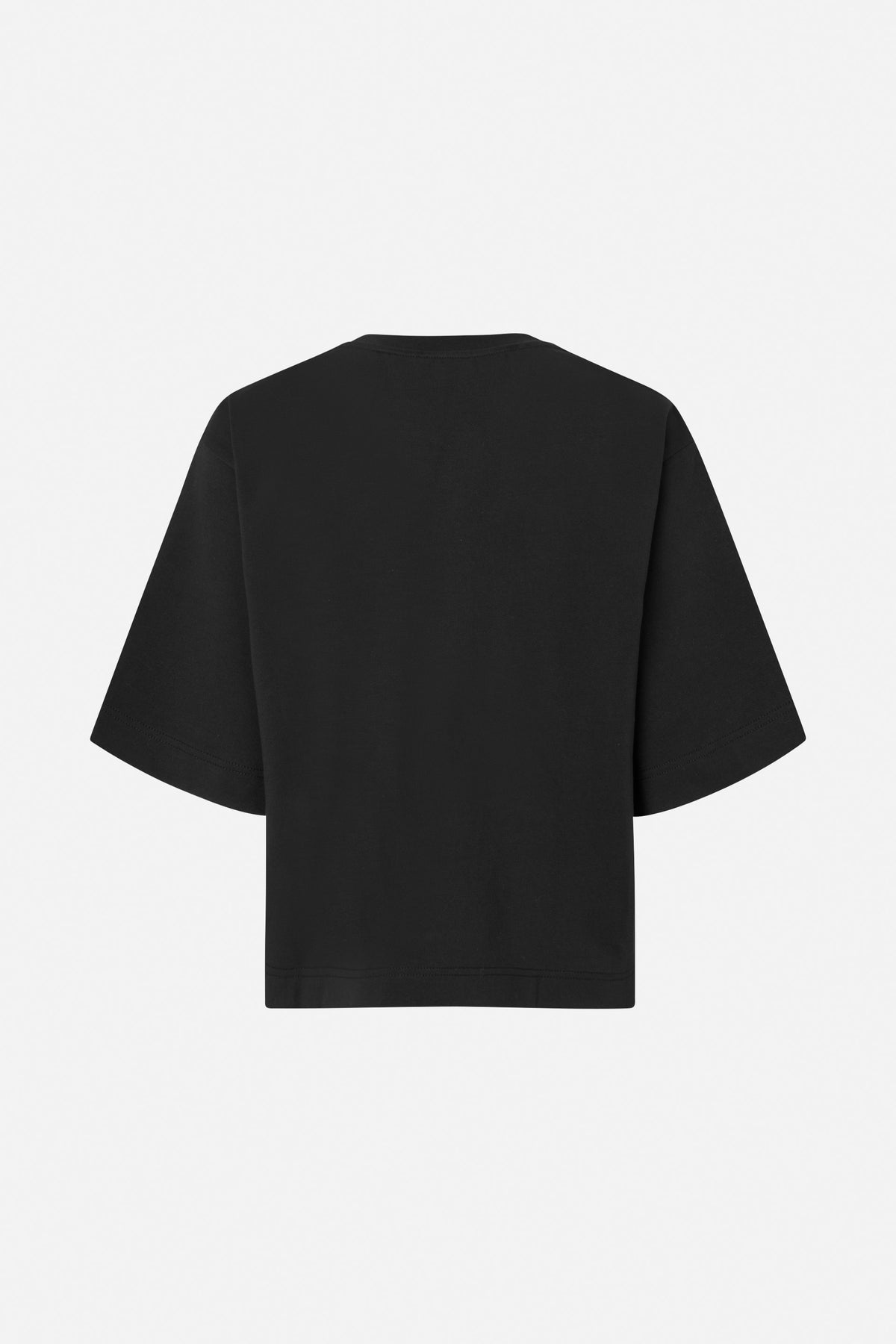 Achteraanzicht van een effen zwart T-shirt met korte mouwen, ronde hals en rechte zoom.