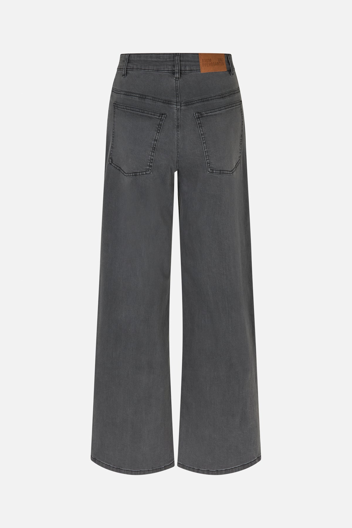 Back view of charcoal gray wide-leg jeans with two rear pockets and a brown waistband patch.