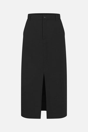 Front view of a black straight-cut midi skirt with belt loops, a button closure and a front slit.