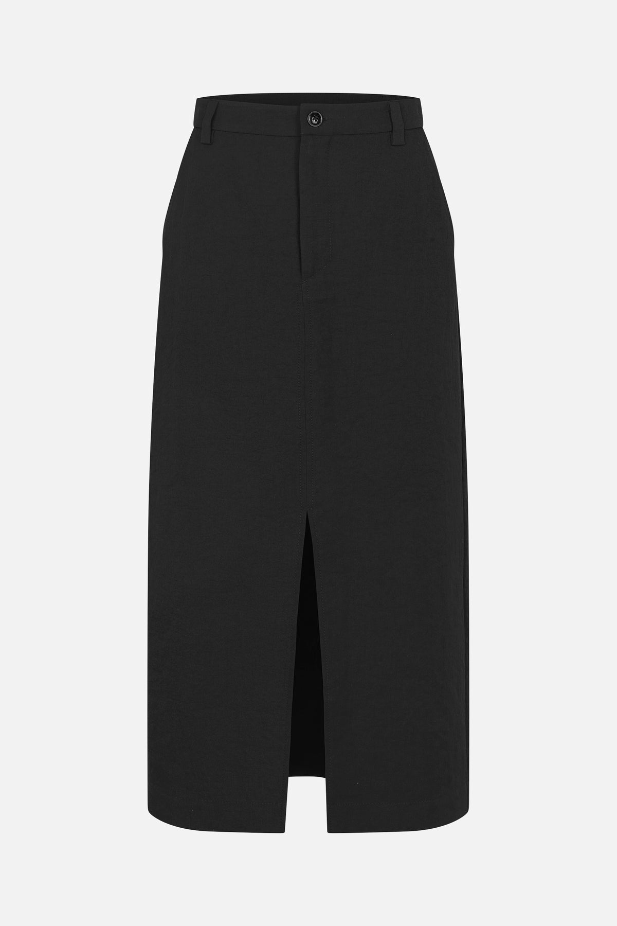 Front view of a black straight-cut midi skirt with belt loops, a button closure and a front slit.