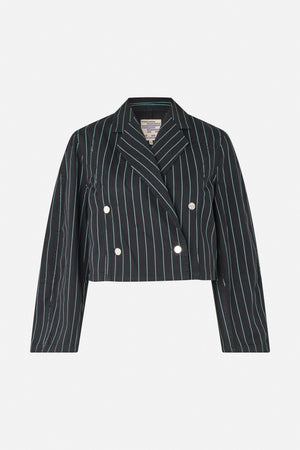 Vorderansicht eines kurzgeschnittenen schwarzen doppelreihigen Blazers mit dünnen türkisfarbenen Nadelstreifen, Revers mit Kerbe und silberfarbenen Knöpfen.