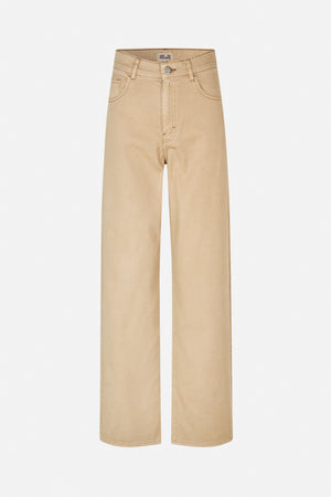 Light tan wide-leg trousers shown from the front, with belt loops, curved front pockets and a button closure.