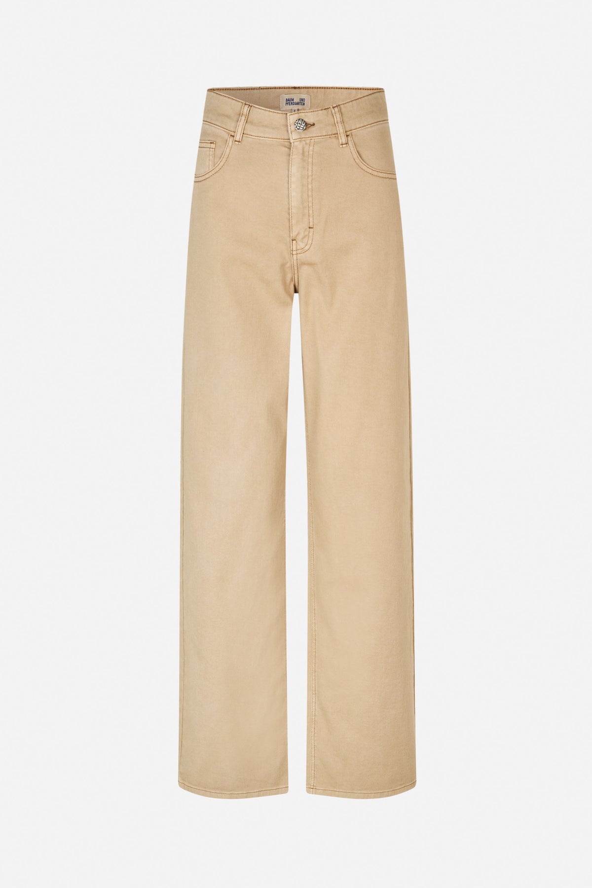 Light tan wide-leg trousers shown from the front, with belt loops, curved front pockets and a button closure.