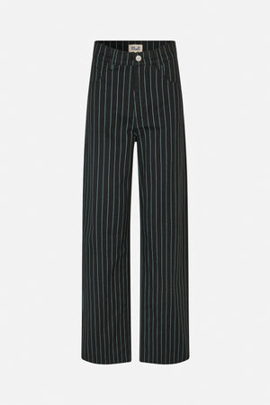 Front view of black wide-leg trousers with thin turquoise vertical stripes, a button fastening and front pockets.