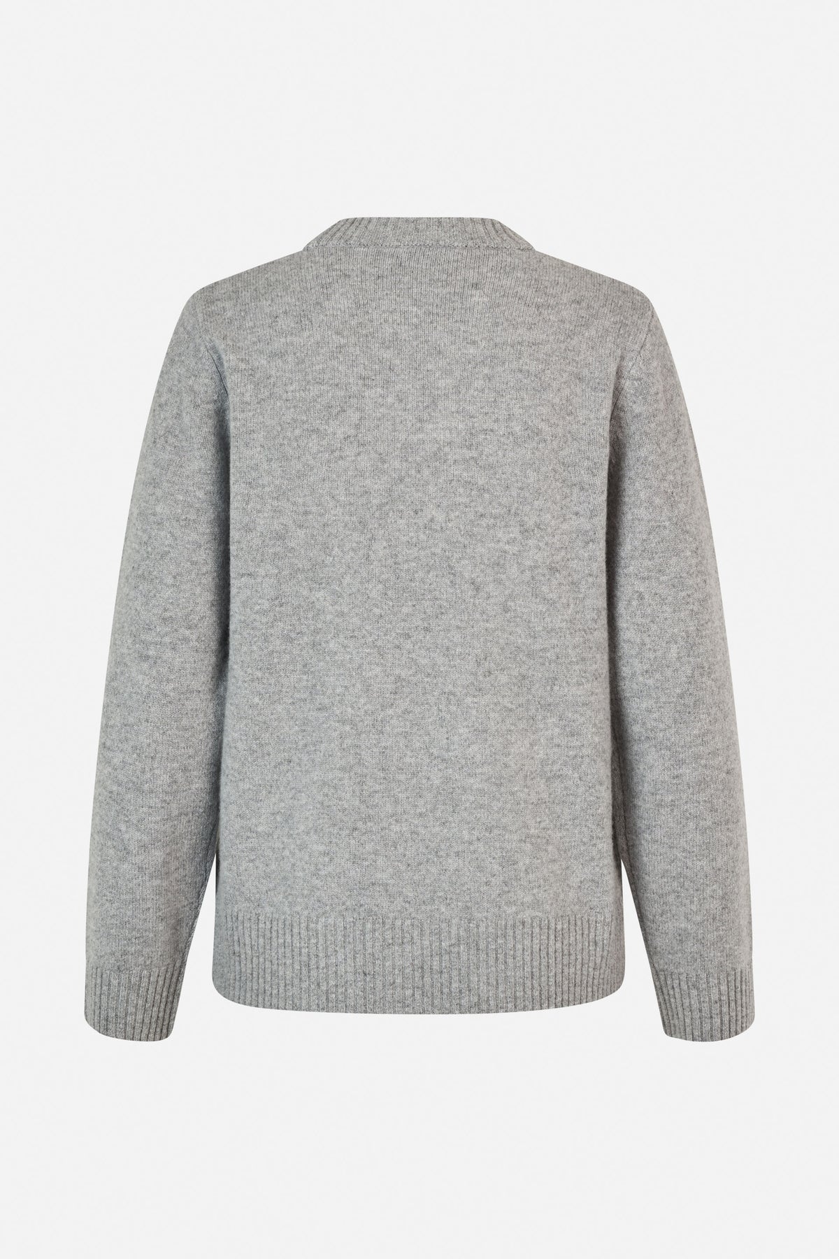 Back view of a grey marl knit sweater with long sleeves, a ribbed neckline, cuffs and hem.