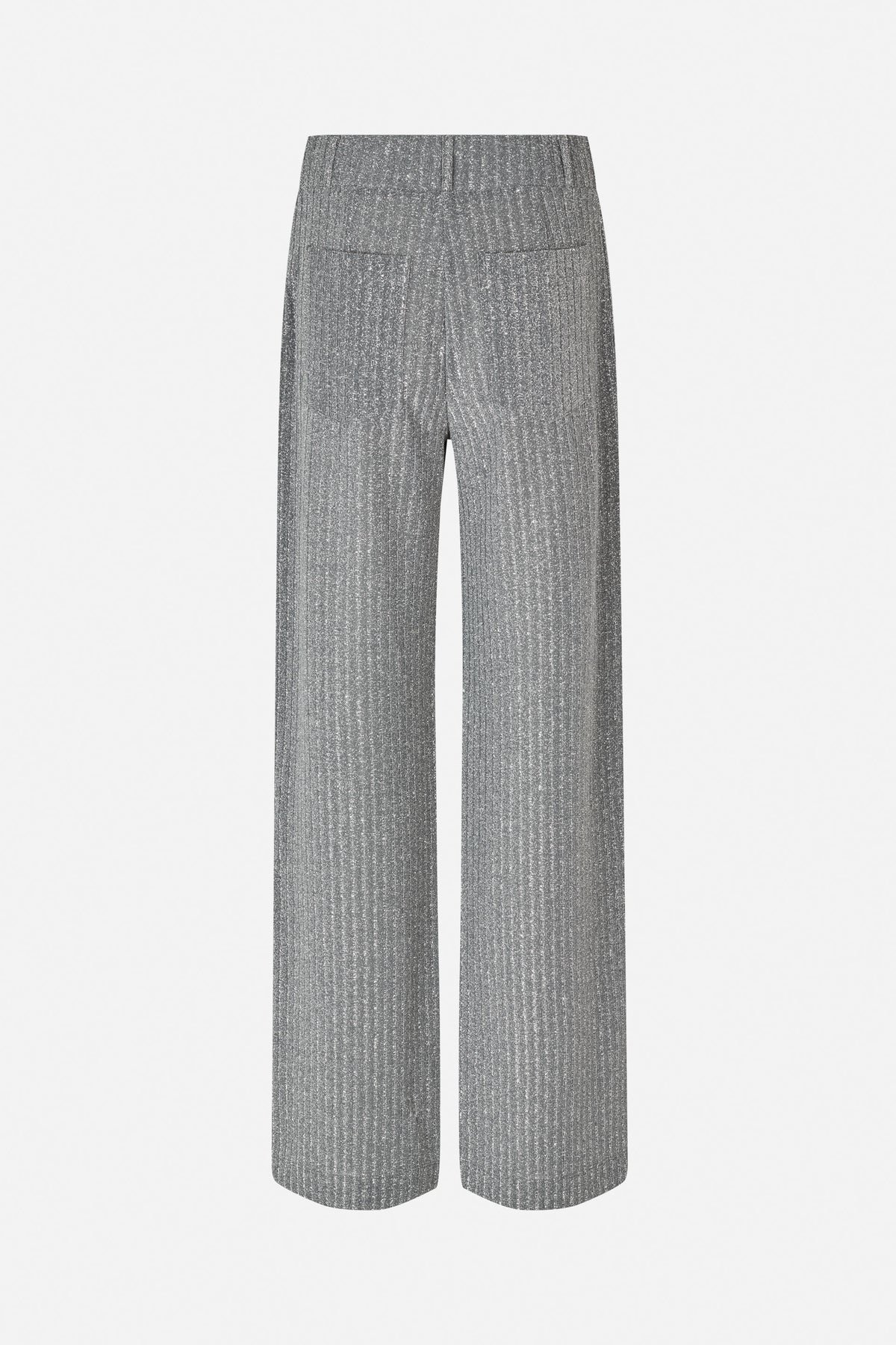 Back view of wide-leg grey trousers with a fine shimmering vertical texture and two back pockets.