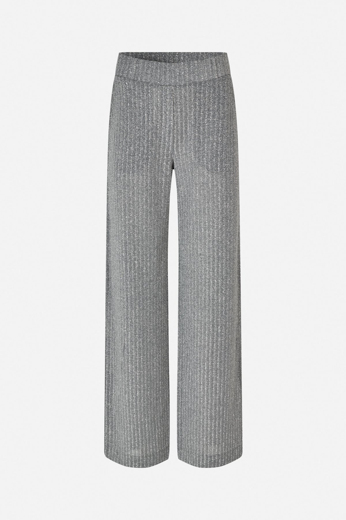 Front view of grey wide-leg trousers with a fine white-speckled texture and broad waistband.