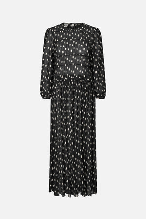 Front view of a long black pleated dress with scattered white abstract spots, long sleeves, a round neckline and a ruffled waist seam.