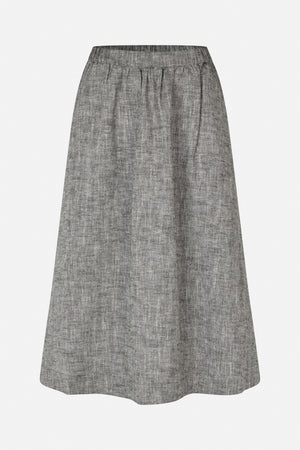 Front view of a flared skirt with a high waistband and gathered pleats, in a black-and-grey herringbone pattern.