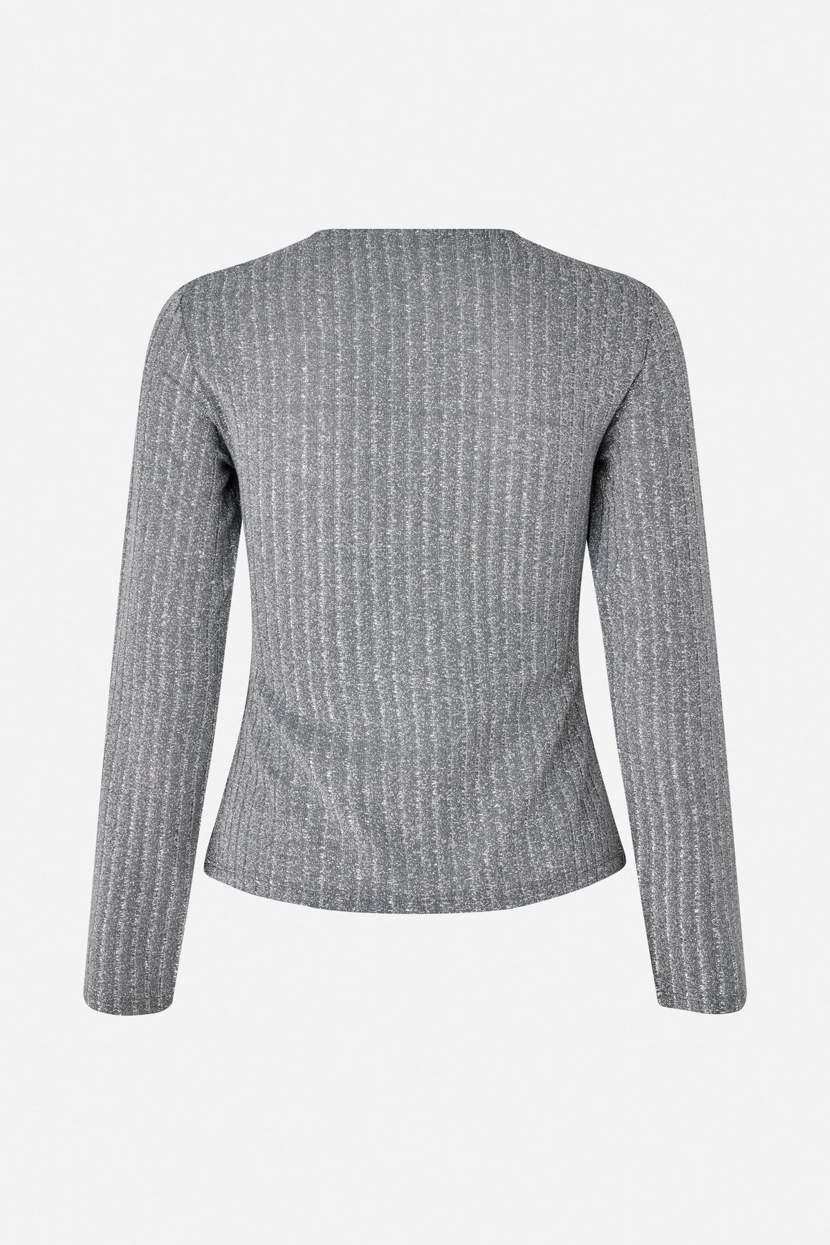Back view of a fitted silver-grey long-sleeved top with a fine glittering texture and curved hem.