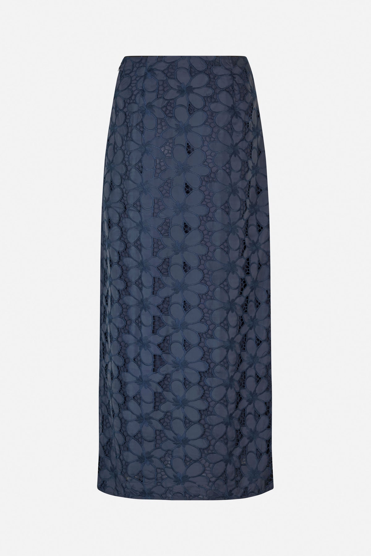 Front view of a navy straight skirt with an all-over floral lace pattern and openwork details.