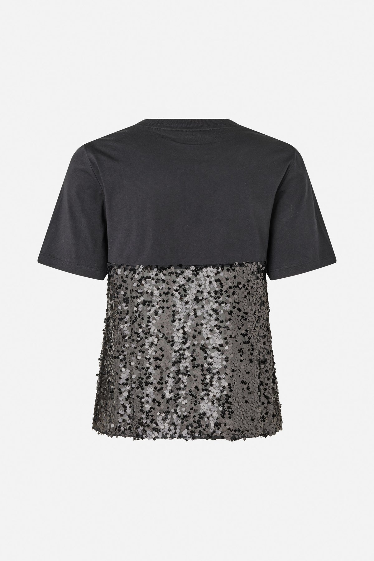 Back view of a black short-sleeve dress with a plain upper section and a lower section covered in gray and black sequins.