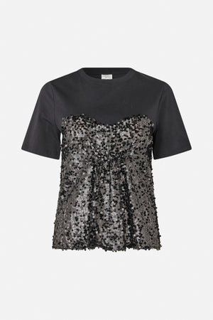 Front view of a black short-sleeved crew-neck dress with dense black and silver square sequins across the body.