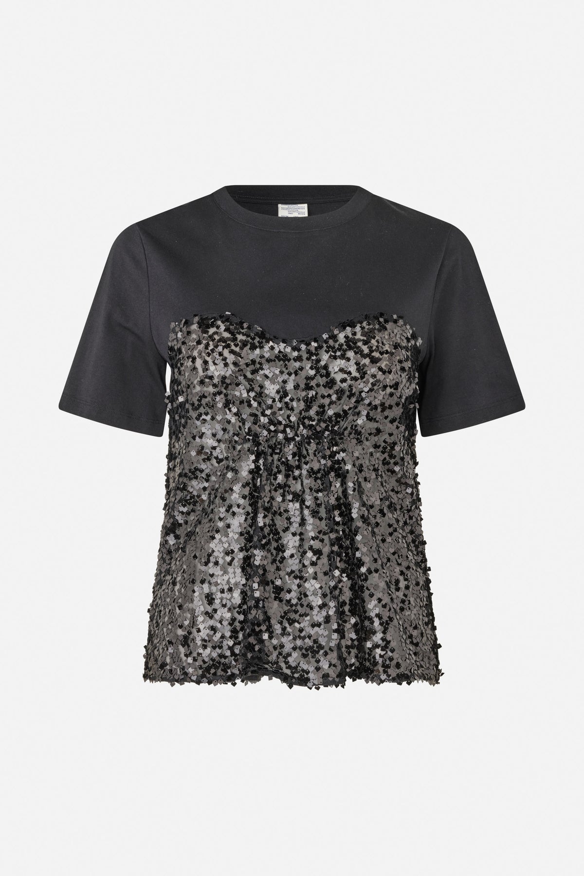 Front view of a black short-sleeved crew-neck dress with dense black and silver square sequins across the body.