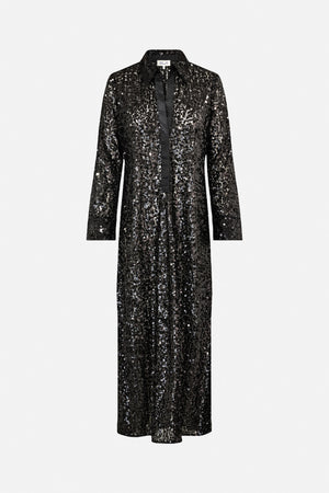 Front view of a long-sleeved black shirt dress covered in reflective silver and charcoal sequins, with a pointed collar and black front placket.