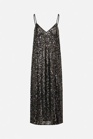Front view of a black slip dress with thin straps, a deep V neckline, and an all-over pattern of shimmering silver and dark sequins.