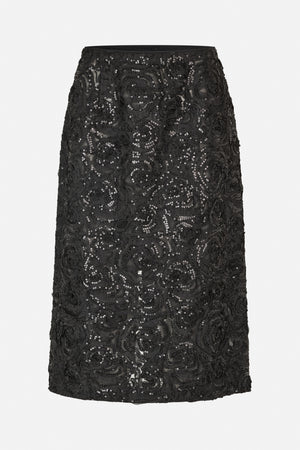 Front view of a black straight skirt with raised swirling floral motifs and scattered sequins.