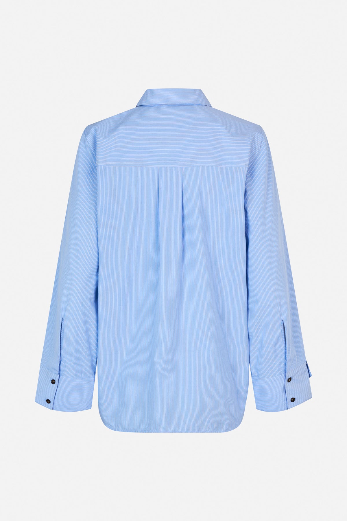 Back view of a light blue shirt with fine white stripes, a pointed collar, back yoke and pleat, and buttoned cuffs.
