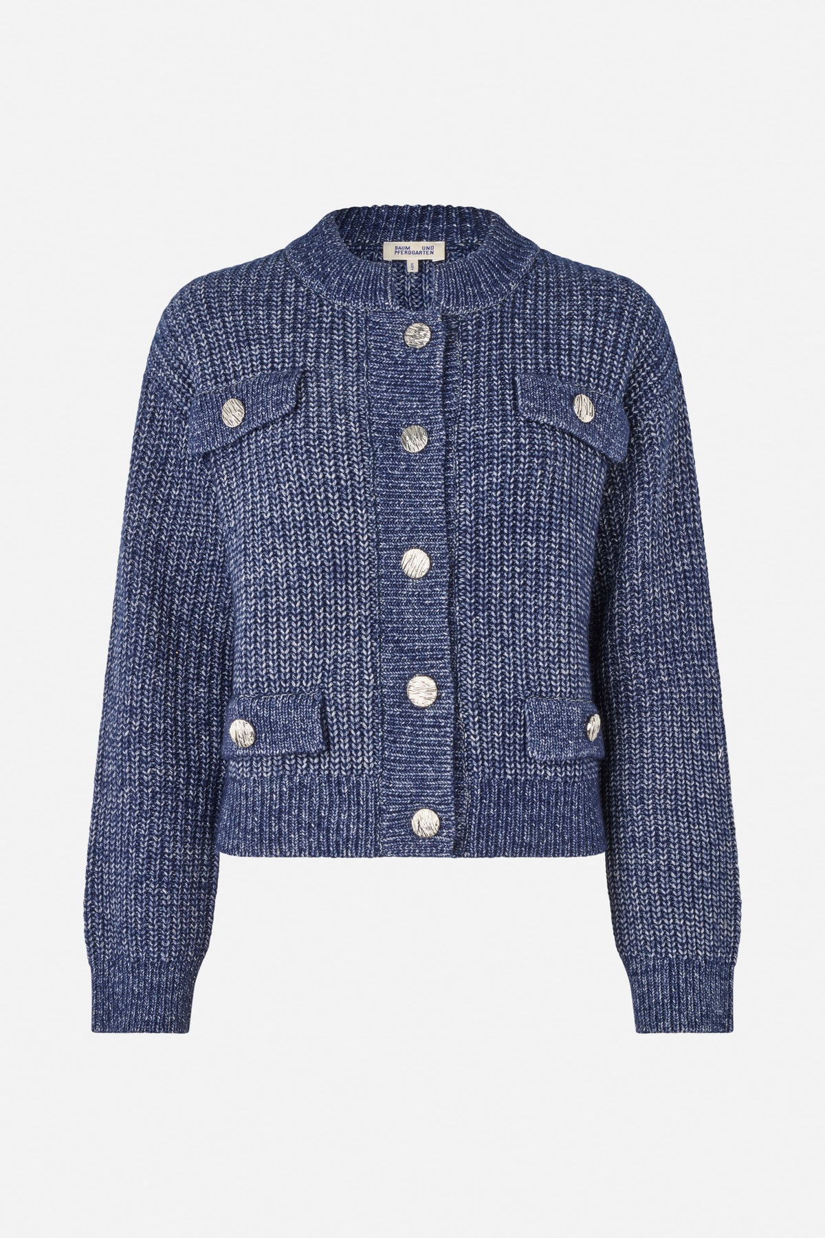 Front view of a navy and white flecked knit cardigan with a round neckline, large metallic buttons and flap pockets.