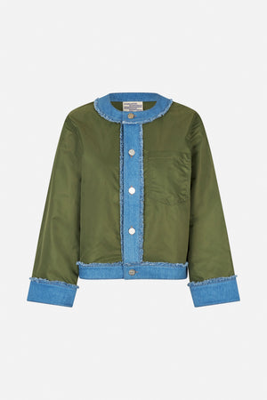 Front view of an olive-green jacket with blue denim collar, placket, cuffs and hem, frayed edges, and a chest pocket.