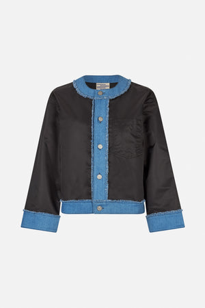 Front view of a black long-sleeved jacket with blue denim trim, frayed edges, metal buttons and a chest pocket.
