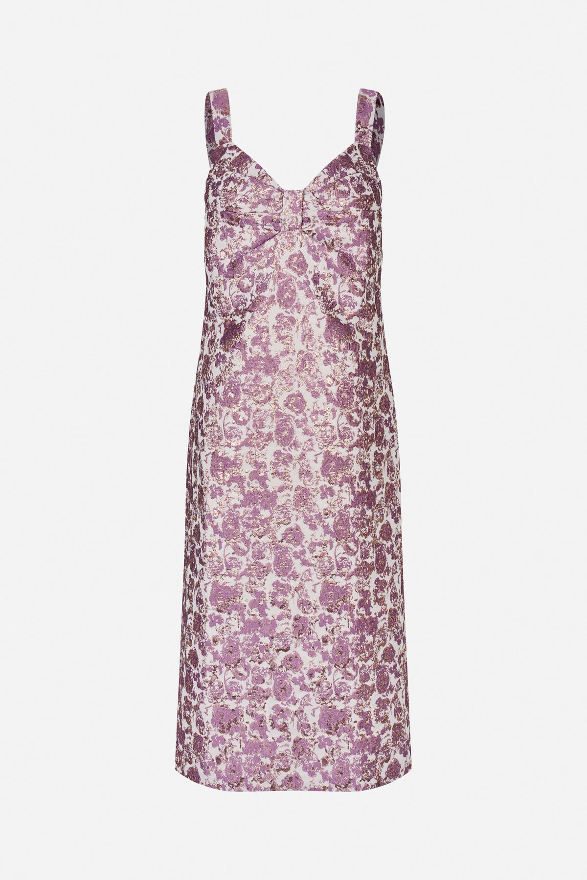 Front view of a sleeveless dress with wide straps, a V-neck and a purple floral pattern on a pale pink ground.
