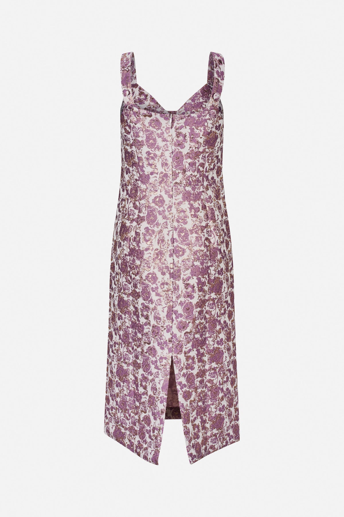 Front view of a sleeveless midi dress with wide straps, a front zip and slit, patterned with purple flowers on a pale background.