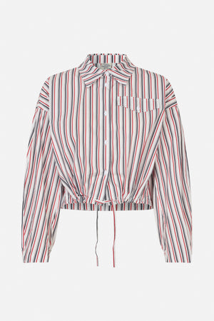 Front view of a white long-sleeved shirt with red and black vertical stripes, a pointed collar, button front, chest pocket and tied gathered hem.