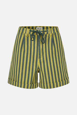 Front view of blue-green shorts with narrow yellow vertical stripes, a dark drawstring waist, belt loops and wide cuffed hems.