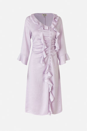 Front view of a pale lilac textured long-sleeved dress with cascading ruffles, a button-front closure and flared cuffs.