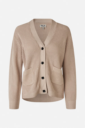 Front view of a beige rib-knit cardigan with a V-neck, black flower-shaped buttons and two patch pockets.