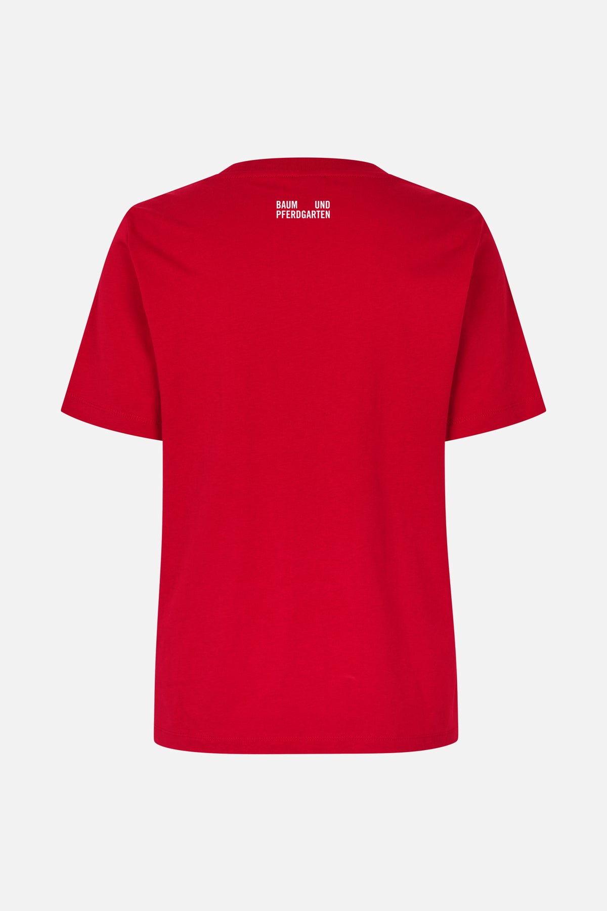 Back view of a bright red short-sleeve T-shirt with a small white Baum und Pferdgarten logo below the neckline.