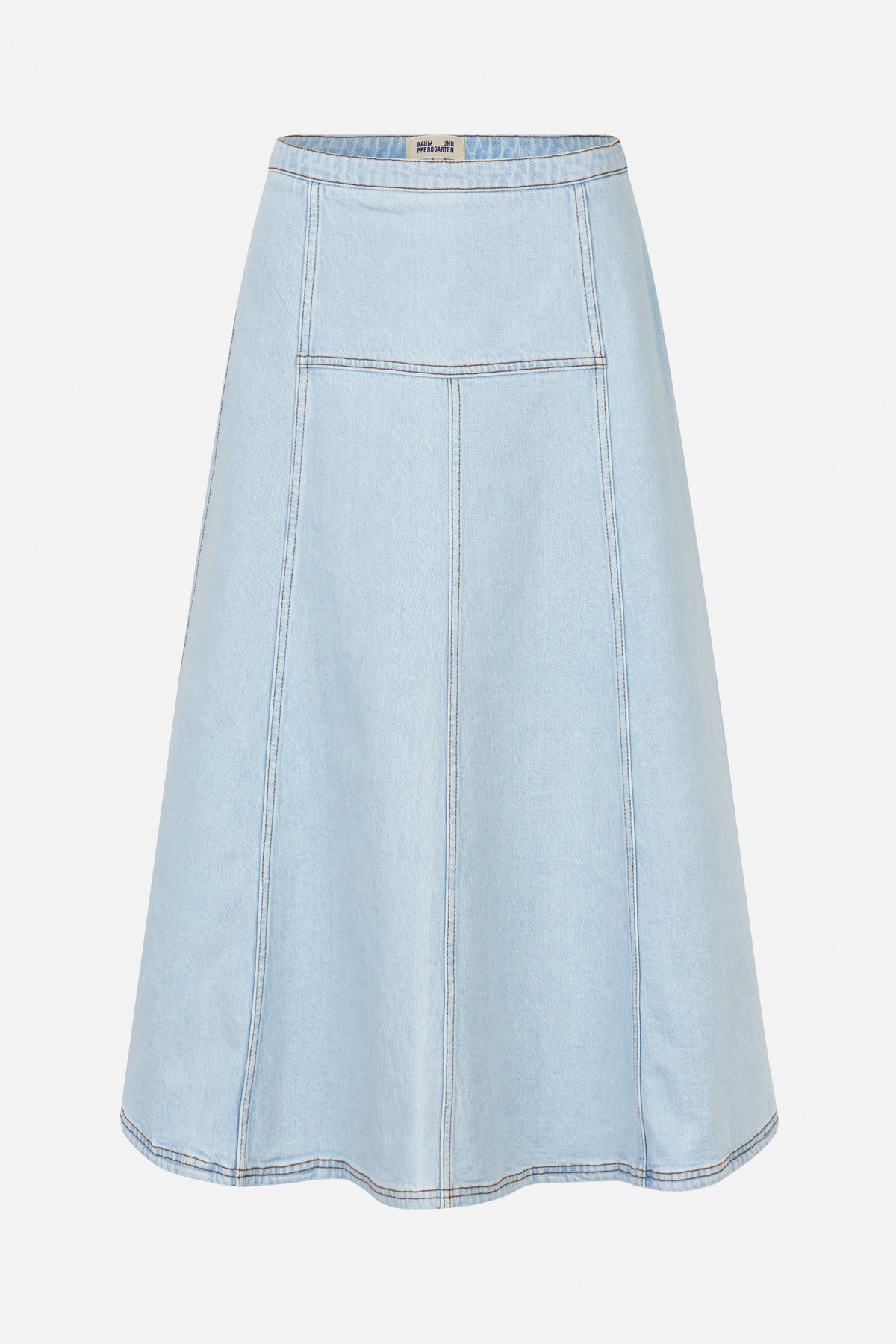 Back view of a light-wash denim A-line skirt with contrast stitching and long panel seams