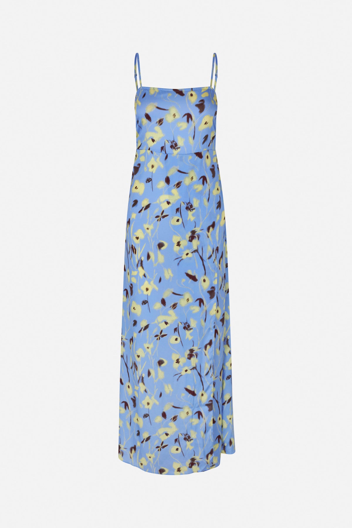 Front view of a long blue slip dress with adjustable spaghetti straps and an all-over yellow and dark brown floral print.
