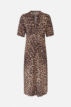 Front view of a long leopard-print dress in tan, brown and black, with short sleeves and a tie neckline.