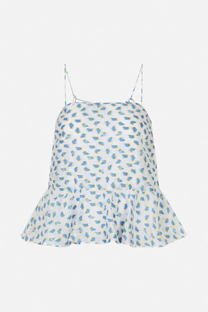 White spaghetti-strap dress with a square neckline, fitted bodice and flared skirt, patterned with small blue flowers and green leaves