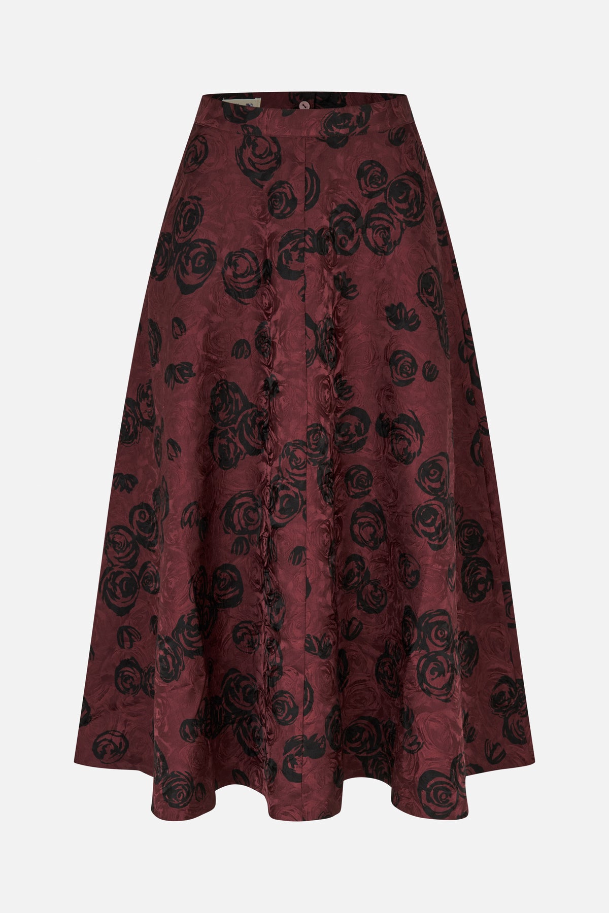 Front view of a flared burgundy skirt with an all-over black rose print and a wide waistband.