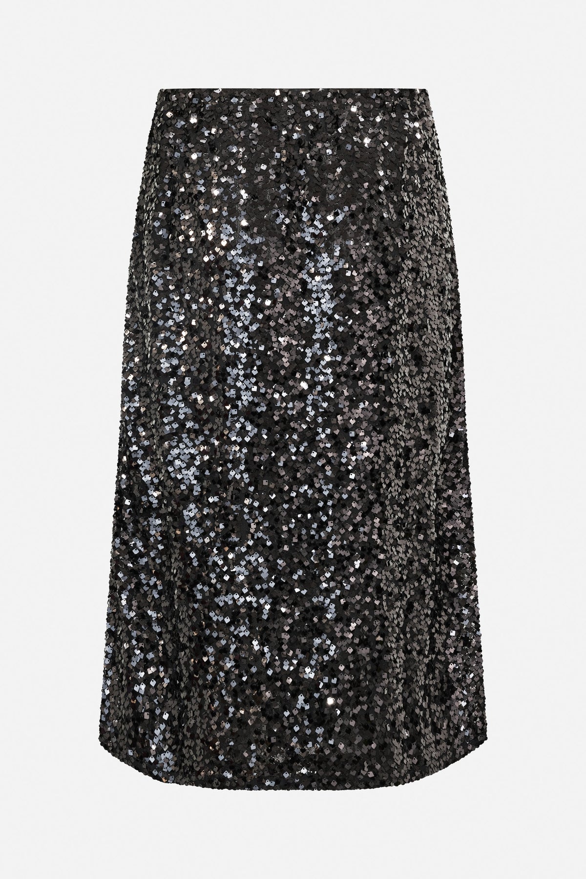 Black skirt densely covered in reflective square sequins, shown straight on.