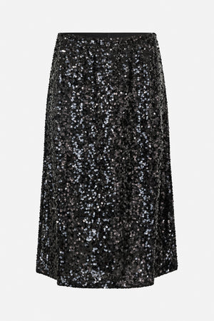 Front view of a black knee-length skirt covered in scattered reflective silver and charcoal square sequins.