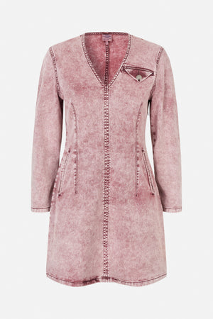 Front view of a pink washed-denim long-sleeved dress with a V-neck, buttoned chest flap pocket and angled side pockets.