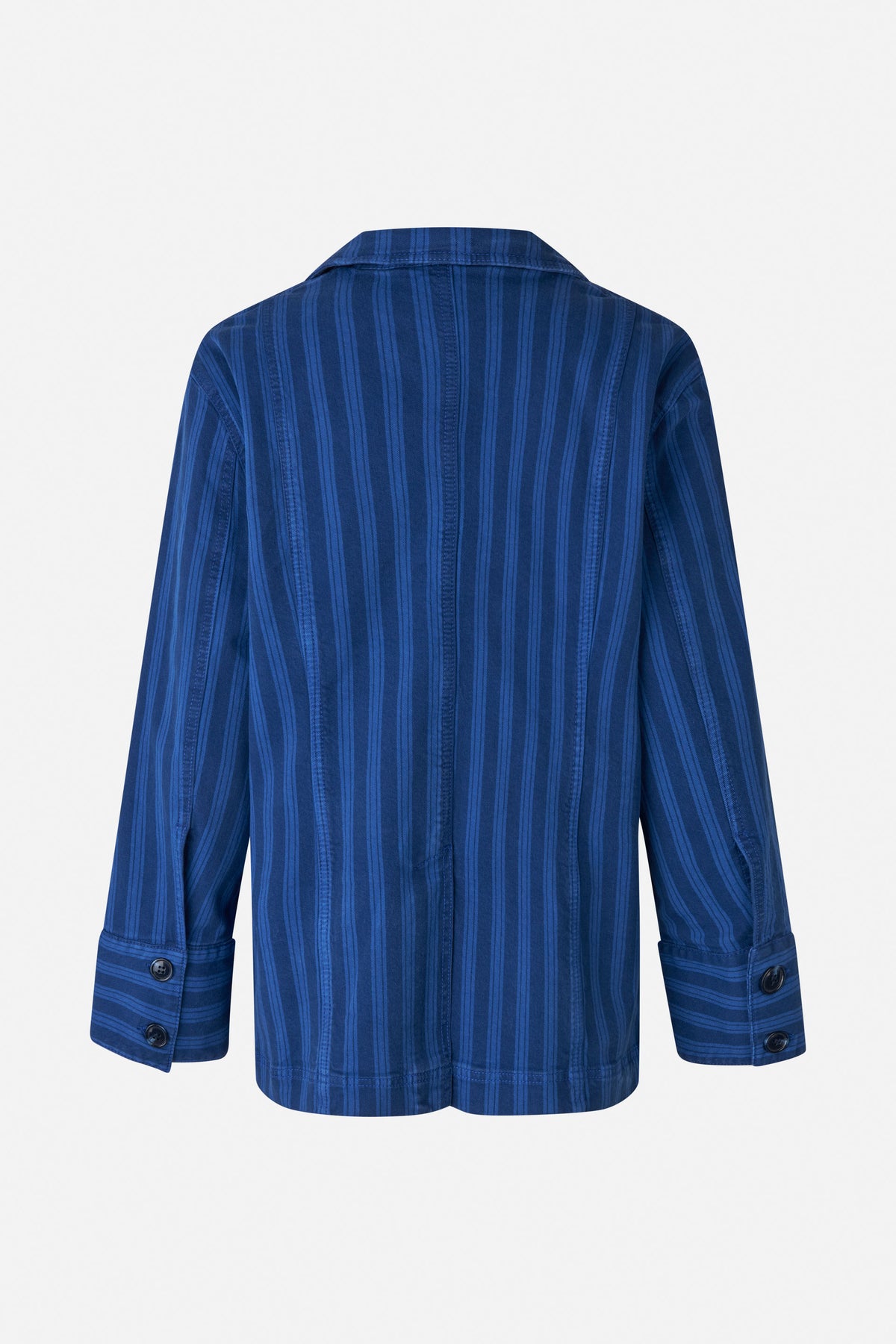 Back view of a blue long-sleeved collared shirt with narrow vertical stripes and buttoned cuffs.
