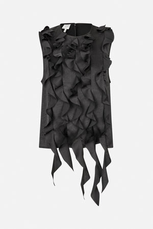 Black sleeveless top with a round neckline and layered ruffles cascading into long pointed strips, front view