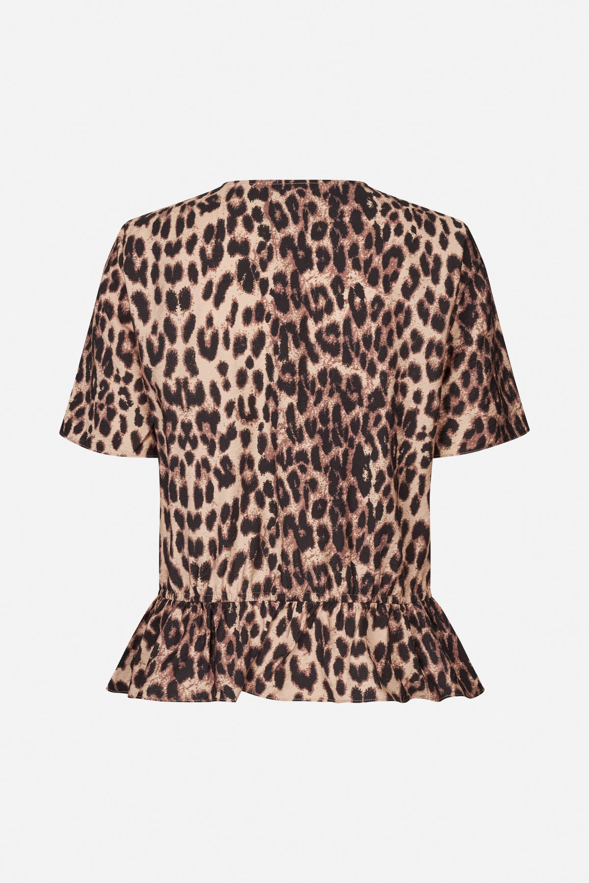 Rückansicht eines kurzärmligen Peplum-Tops mit elastischem Taillenbund in beige-braun-schwarzem Animalprint.