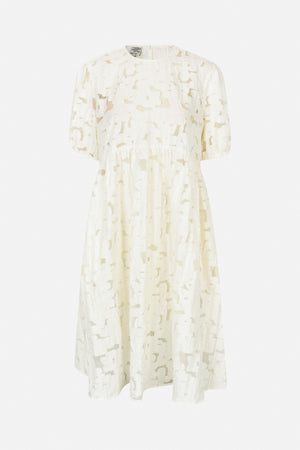 Ivory short-sleeved dress with a round neckline, gathered waist and abstract textured pattern, shown from the front.